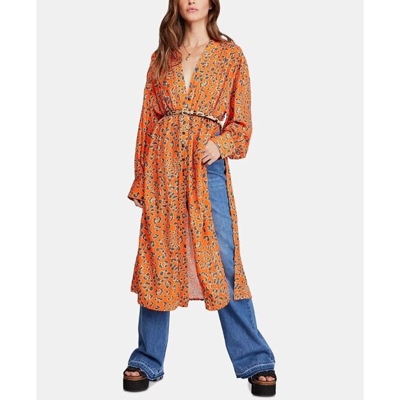 FREE PEOPLE C'est Moi Orange Leopard Printed Long Duster Maxi Blouse Top, Size M - Picture 1 of 15
